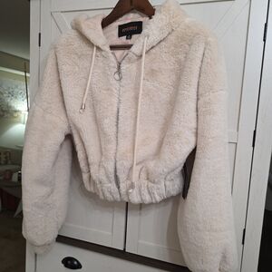 Ambiance Outerwear Women M Hoodie Jacket White Soft Faux Fur Zip Long Sleeve #W3